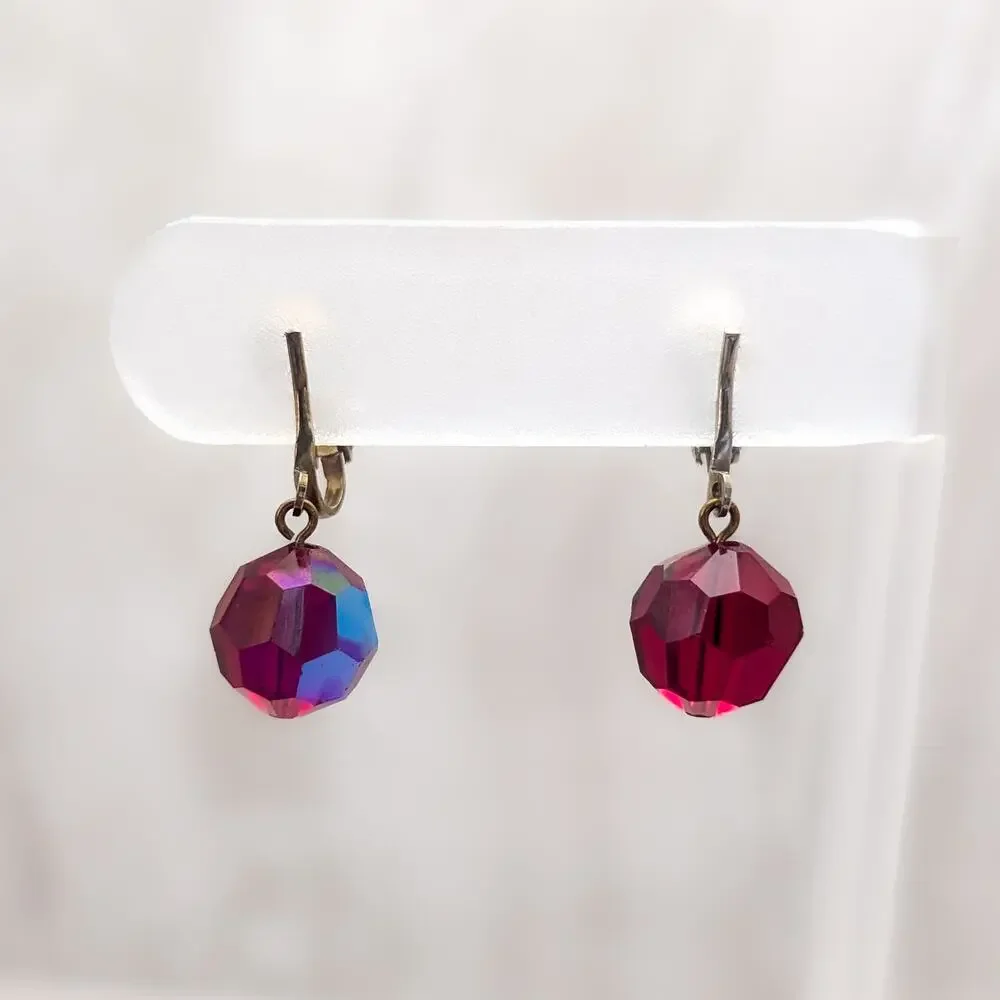 Vintage Clip On Earrings Red Faceted Dangle with Iridescent Finish